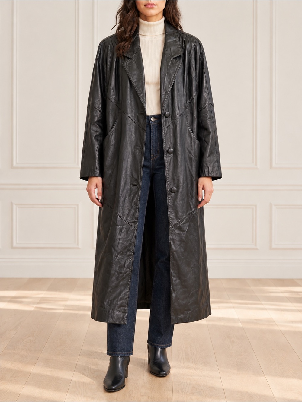 Vintage Jacqueline Ferrar Leather Trench Coat Women’s Large Black Longline 90s